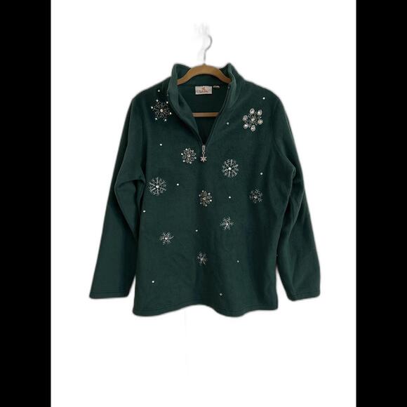 Quacker Factory Sweaters - Quacker Factory Green Fleece Quarter zip with snowflake detail and pull